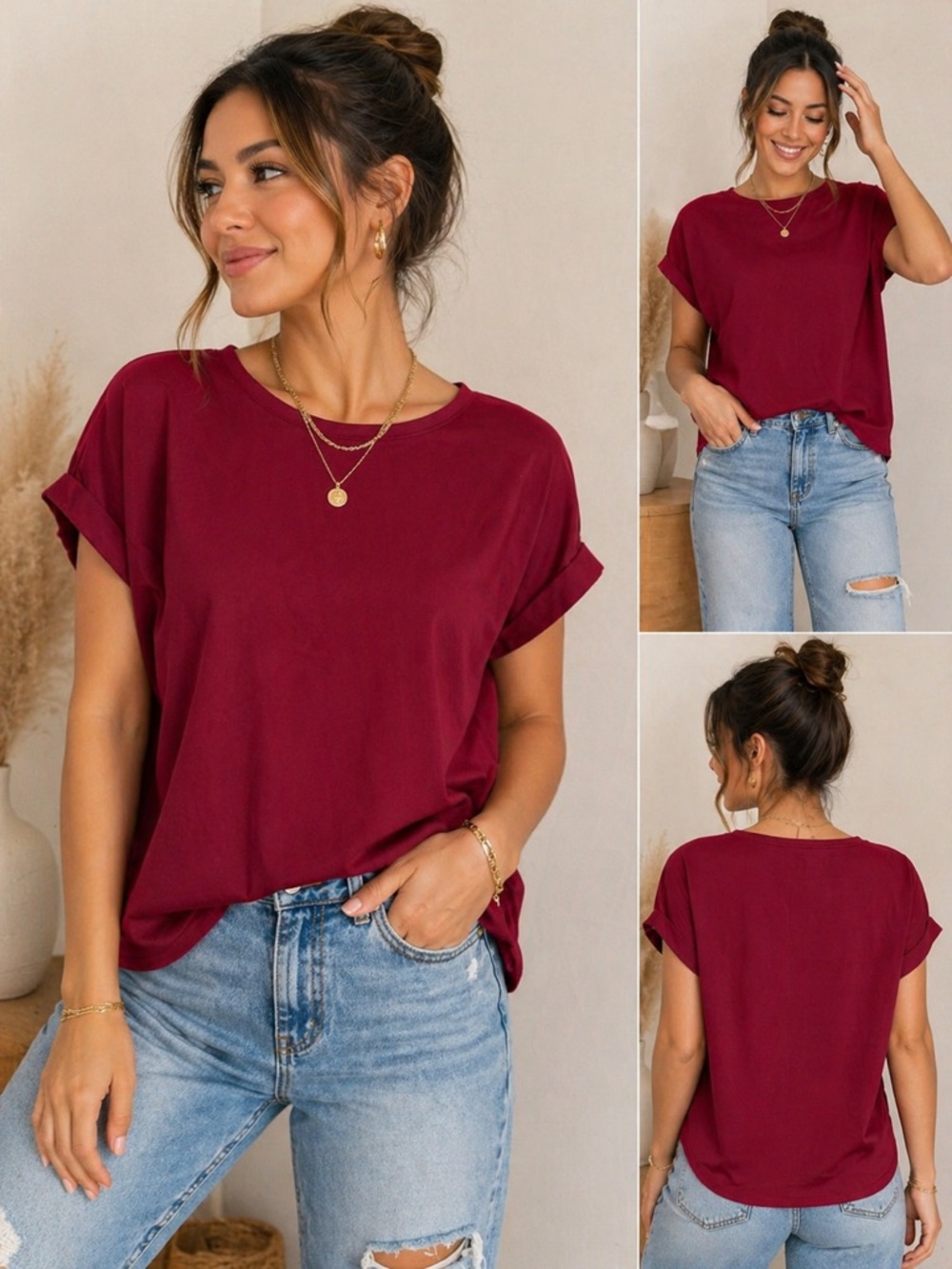 SHEIN Burgundy Rolled-Sleeve Crewneck Tee